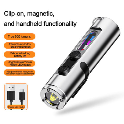 🔦Pocket Rechargeable EDC Flashlight: 500 Lumens Mini Keychain Light with Fire Starter & Window Breaker