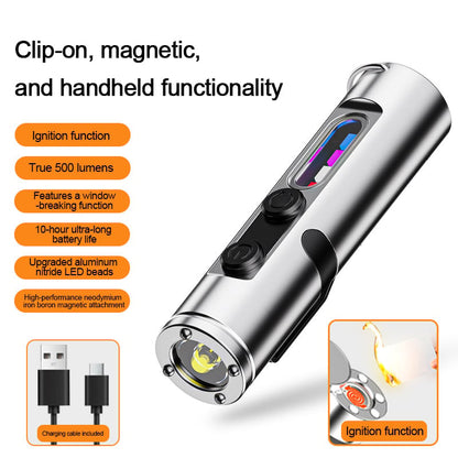 🔦Pocket Rechargeable EDC Flashlight: 500 Lumens Mini Keychain Light with Fire Starter & Window Breaker