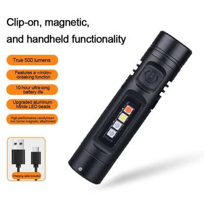 🔦Pocket Rechargeable EDC Flashlight: 500 Lumens Mini Keychain Light with Fire Starter & Window Breaker